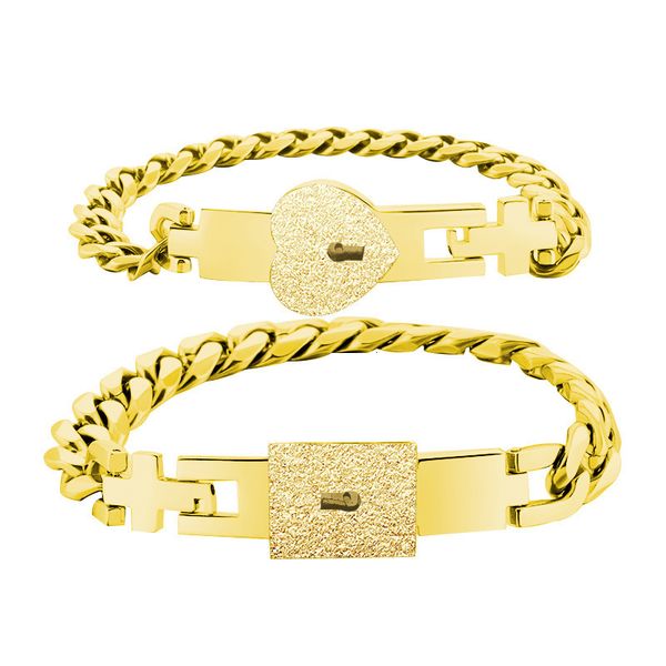 

a pair of stainless steel rose gold men's and women's concentric lock interlocking key bracelet, Golden;silver