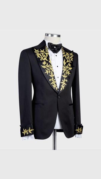 Siyah Erkek Smokin Altın aplikeler damat ince fit düğün blazer takım elbise resmi balo parti pantolon ceket 2 adet 3555h