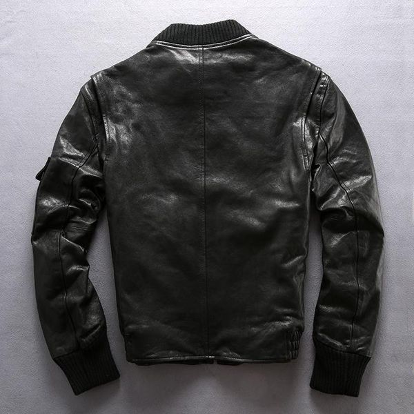 

baseball 2021 fashion jacket men stand collar genuine leather with pockets flight moto biker male men's & faux, Black