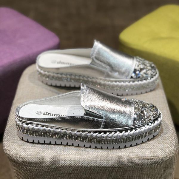 

slippers rhinestone women platform fashion casual sandals leather silver closed toe slides summer slip on rubber shoes, Black