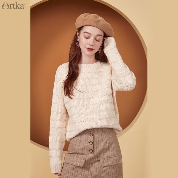

women's sweaters artka 2021 autumn winter women sweater elegant stripe knitted loose soft warm o-neck pullover yb25205q, White;black