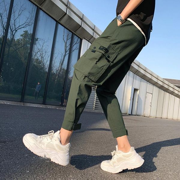 

men's pants ribbons harem joggers men cargo streetwear 2021 hip hop casual pockets cotton track male harajuku fashion trousers, Black