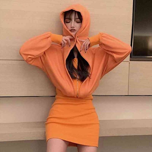 

fake two hoodies autumn hooded womens dress mini orange empire korean style slim clothes female, Black;gray