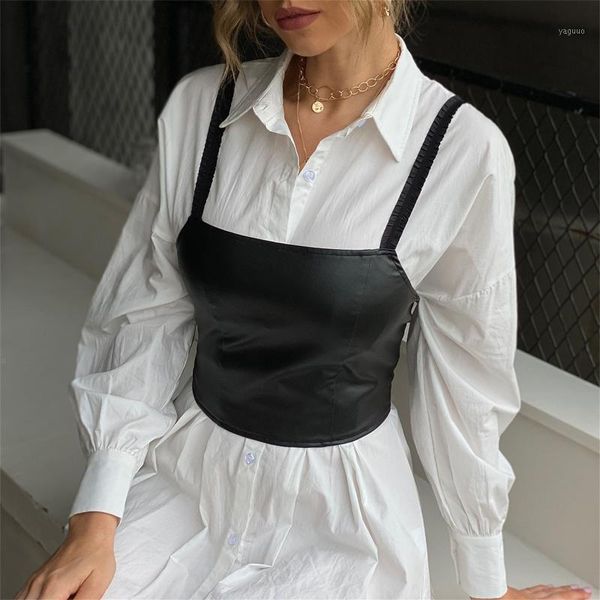 

casual pu leather soild camisole femme v-neck ladies streetwear crop chic ring straps bodycon black skinny camis 2021 summer, Black;white
