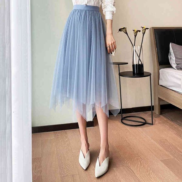 

blazers 2021 spring summer irregular tulle pleated women skirt double-side wear 3 layered mesh pleuche high low long midi skirts, Black