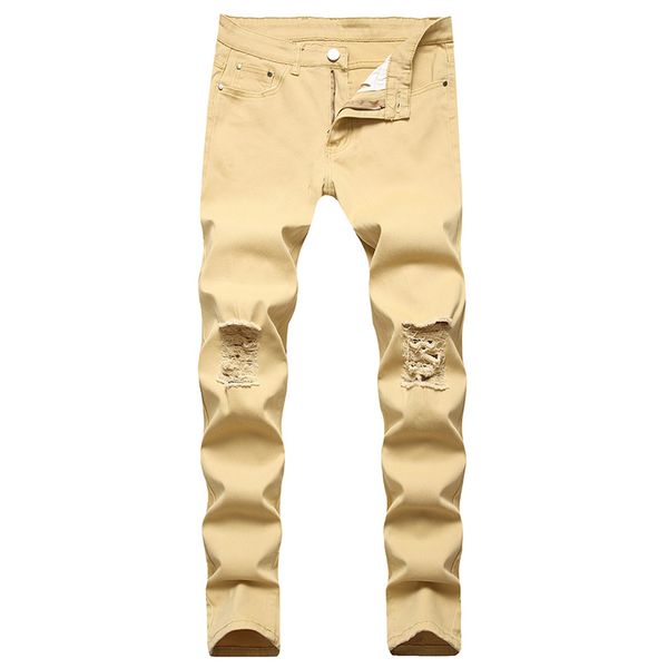 

men jeans stretch knee ripped skinny slim denim pencil pants hole long trousers, Blue