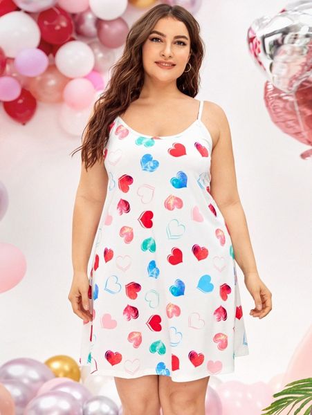 

plus all over heart print slip dress b2f5#, Black;white