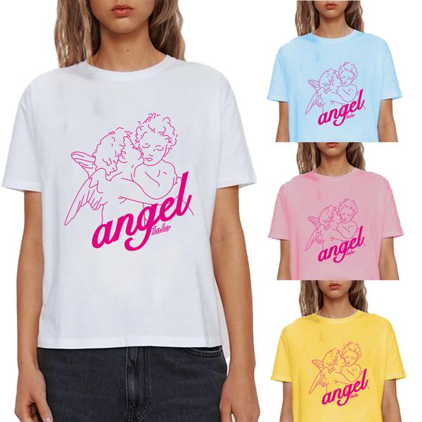 

casual short sve t-shirt cotton loose angel print short sve pink t-shirt, White