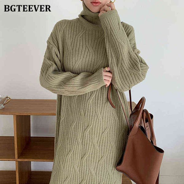 

bgteever stylish thick turtleneck long twisted knitted jumper dress women winter warm loose straight sweater vestidos femme 2021 g1214, Black;gray