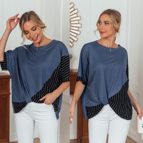 

women's t-shirt donsignet fashion women casual round neck pullover stitching sleeve half for plus size, White