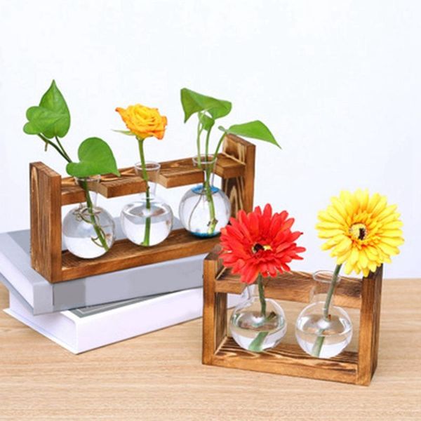 

bulb vase glass wood flower jar planter with wooden rack stand holders for green water plant table desk decor vases