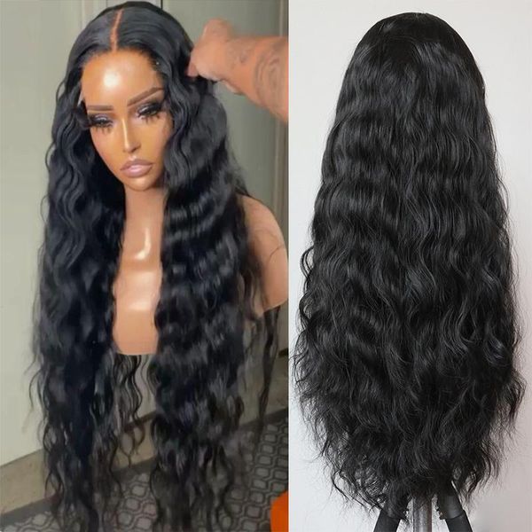 

synthetic wigs black for women t-part heat resistant fiber hair long body wave lace frontal
