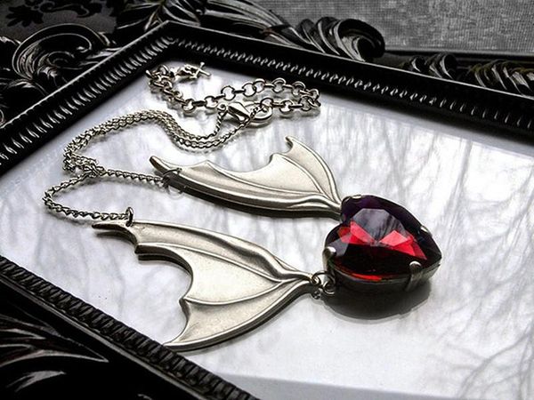 

pendant necklaces red heart crystal vampire gothic bat wing witchy necklace vintage halloween victorian jewelry, Silver