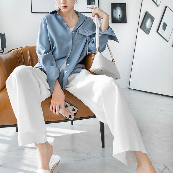 

women's blouses & shirts 2021 one pocket women white shirt female blouse long sleeve casual turn-down collar ol style loose