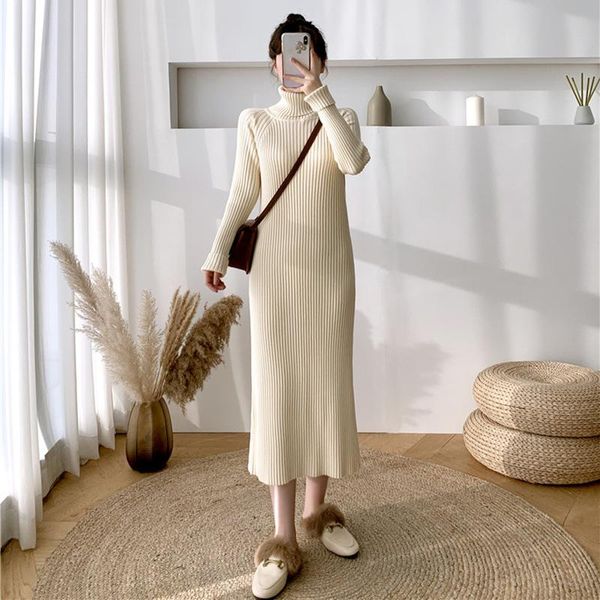 

casual dresses 2021 autumn winter thick mid-length sweater dress woman high collar inner matching knitted maxi lady dropship, Black;gray