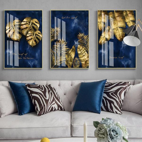 

canvas painting luxury wall art golden leaf prints blue posters decorative pictures living room home decor paintings