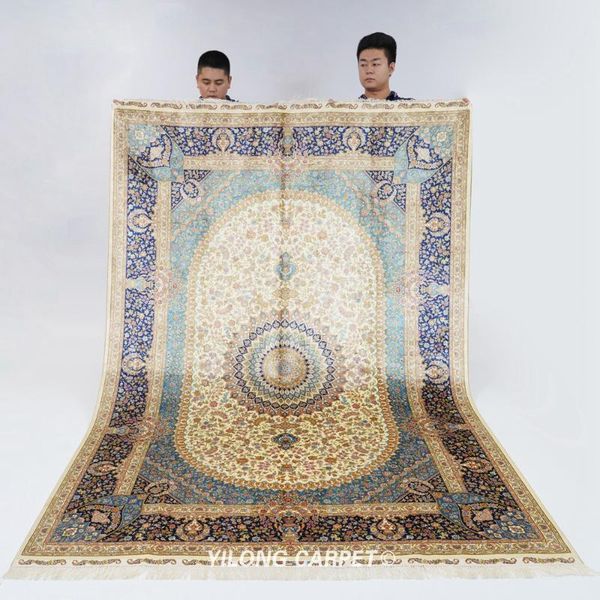 

carpets yilong 6'x9' hand knotted persian carpet turkish beige medallion silk rug (zqg592a)