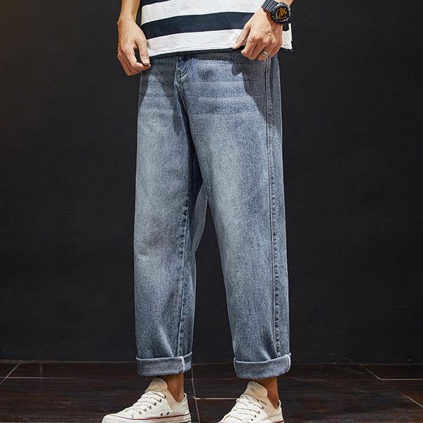 

retro jeans tide men loose korean version of 9 points spring casual wild straight pants wide leg trousers men's, Blue