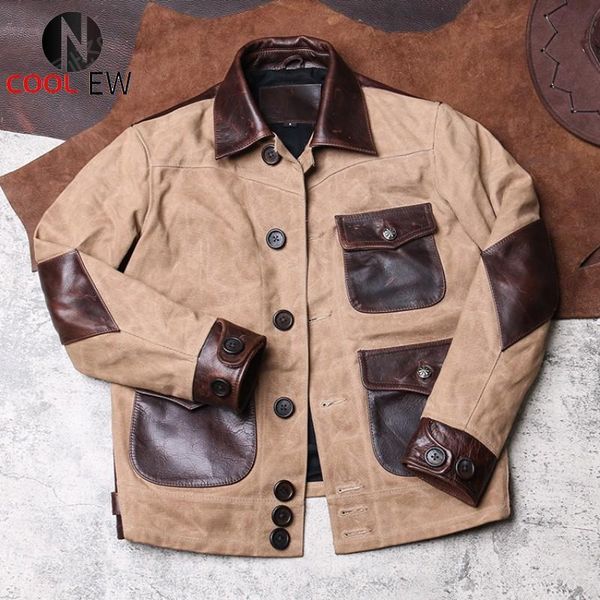 

men's leather & faux vintage mens cargo coat pockets canvas patchwork cow genuine jacket male retro safari style slim fit short outwear, Black