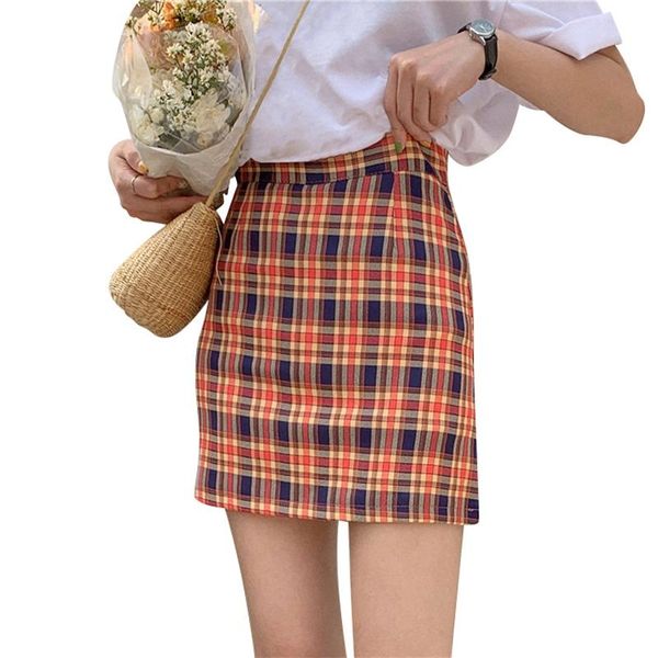 

fashion skirt stitching color lattice high waist skirts womens slim temperament a line simple faldas mujer moda, Black