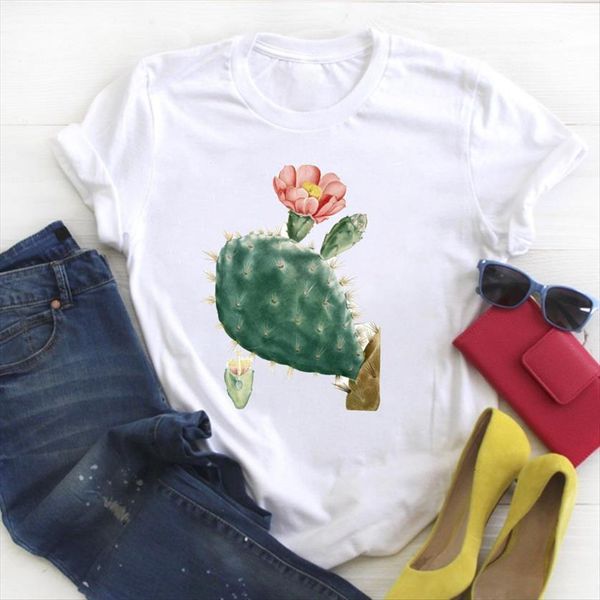 

flower cactus aesthetic print womens t shirts summer kawaii clothes tees graphic printed female, White