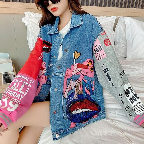 

jacket denim fashion loose street hip hop real s for men and women sequins stitched sleeves women's jackets, Black;brown