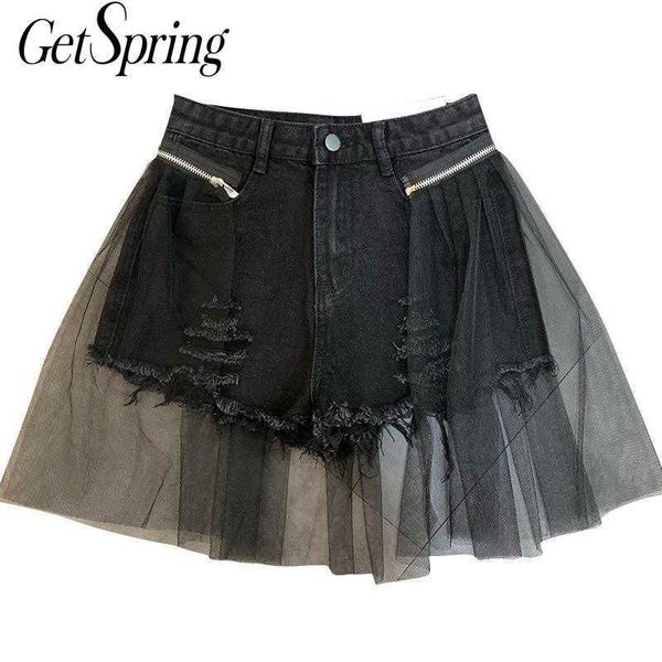 Inprda Frauen Kurze Mesh Patchwork Unregelmäßige Schwarz Denim Shorts Alle Spiel Sexy Abnehmbare Loch Jean Für Mode 210601