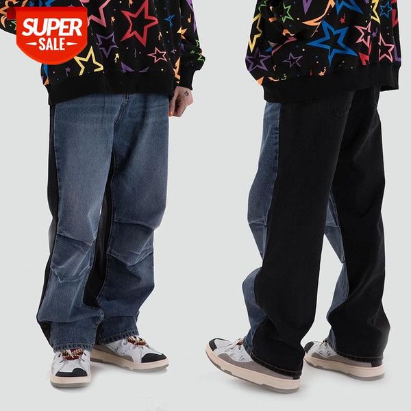 

high street color match frayed washed jeans men and women straight retro harajuku casual denim trousers loose spliced jean pants #xg57, Blue