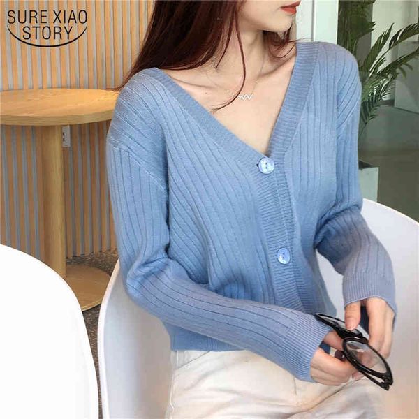

knit solid colors winter long sleeve sweater sweet female cardigan korean v-neck loose single-breasted sweaters 10330 210508, White