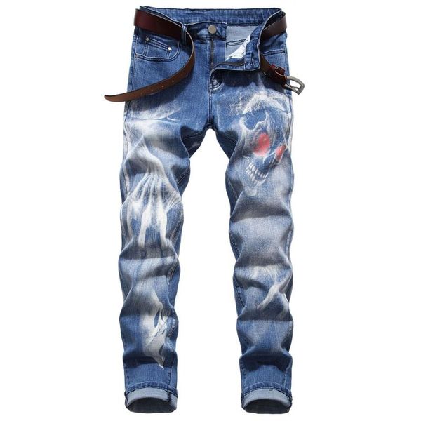 

men's jeans nice autumn sale men 3d printed stretch personality pattern trendy casual slim denim trousers, Blue