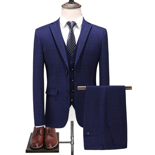

autumn and winter business leisure formal fit men's fashion korean suit three piece plaid suits & blazers, White;black