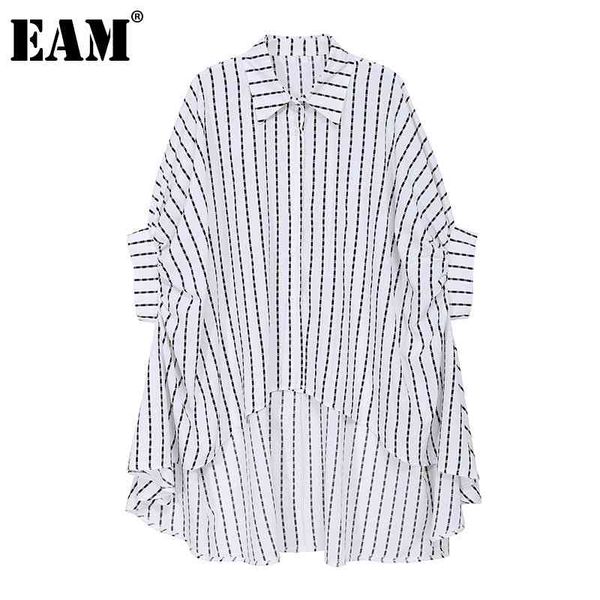 

[eam] women white big size striped ruffle blouse lapel half sleeve loose fit shirt fashion spring summer 1dd7391 210512