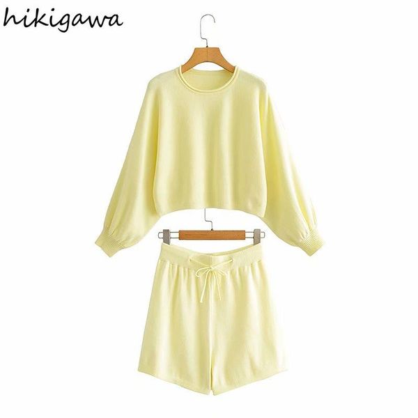

women's tracksuits hikigawa knitted short sets autumn sweet fashion o neck long sleeve loose +elastic wasit knitting shorts two piece s, Gray
