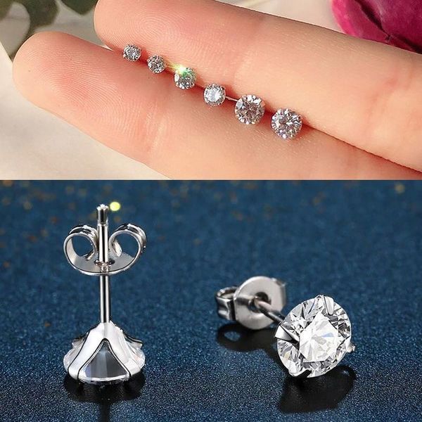 

stud 1pc mini stainless titanium steel needle cubic zirconia crystal earrings for men women party 3/4/5/6/7/8mm, Golden;silver