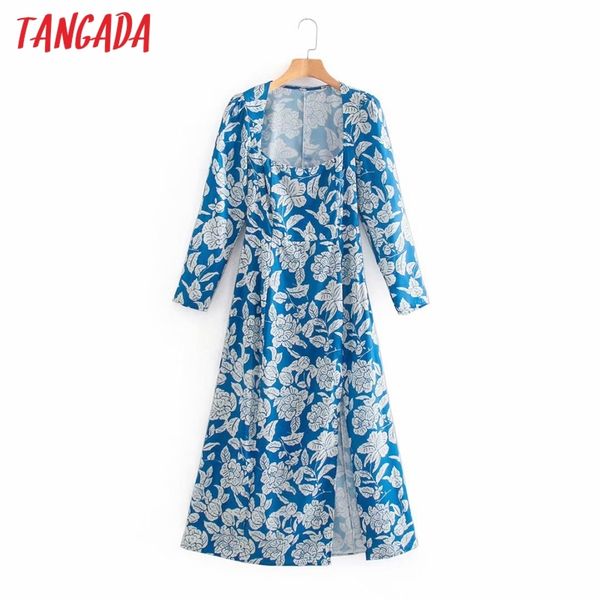 

fashion women flowers print square collar long sleeve high street ladies midi dress xn297 210416, Black;gray