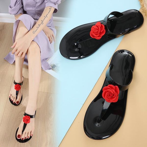 

slippers fashion women flip flop bohemian style beautiful red flowers jelly flat (size 36-41), Black