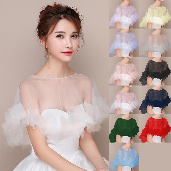

wraps & jackets women wedding sheer tulle cape ivory bridal shawl o-neck beaded and ruffle formal wrap lady soft prom party evening capes, White