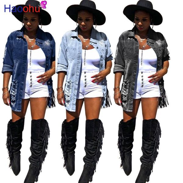 

women's jackets haoohu autumn women ripped denim 2021 vintage casual jean jacket long sleeve winter coat streetwear plus size, Black;brown