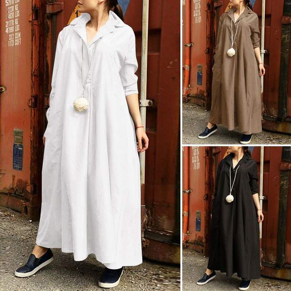 

women's blouses & shirts casual loose long sleeve lapel sundress vonda spring dress 2021 stylish solid maxi dresses vestidos femme, White