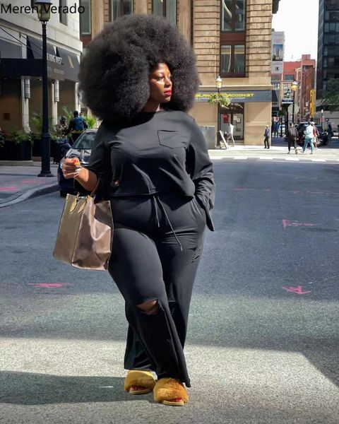 

plus size tracksuits meren verado xl-5xl women pant set casual o-neck full sleeve + hole straight trousers solid fitness two piece, Black