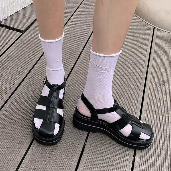 

sandals leather pu women shoes summer buckle strap hollow out platform beach cool ladies footwear square heel for female, Black