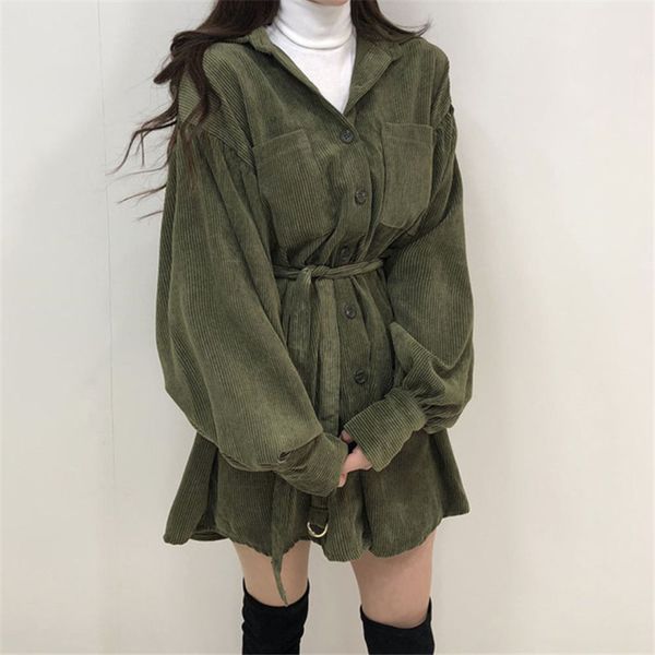 

dresses sweet solid chic corduroy streetwear lace up vestido robe mujer long sleeve elegance women es, Black;gray