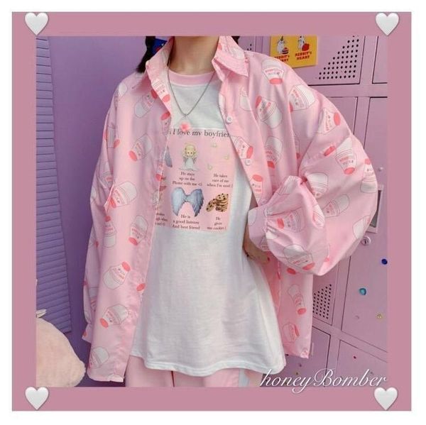 

women's blouses & shirts qweek korean style women kawaii print button up shirt autumn fashion 2021 long sleeve cute loose casual, White