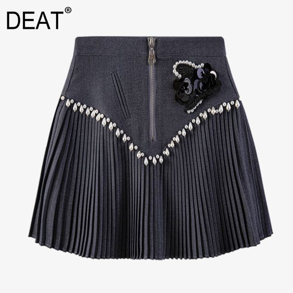 

three-dimensional flower simple pearl decoration pleated above knee mini skirt women fashion tide summer gx40 210421, Black