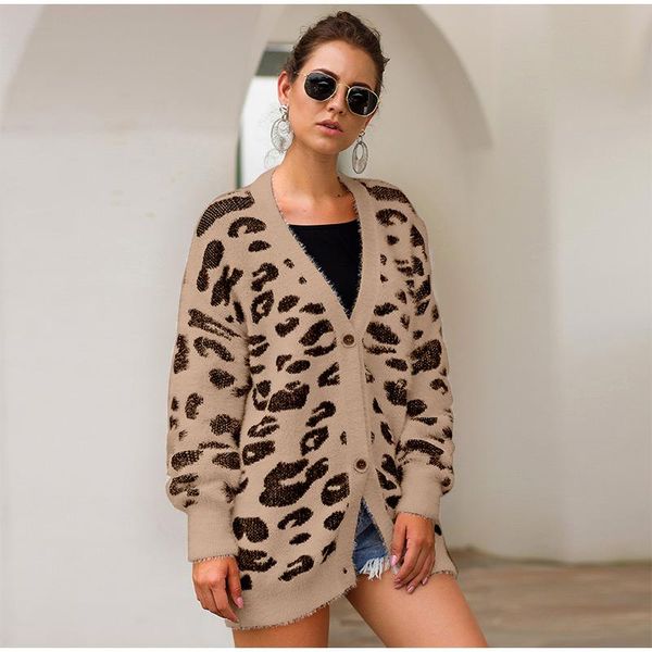 

women's knits & tees nice leopard knit cardigan autumn bat sleeve long plush sweater casual single-breasted jacket, White