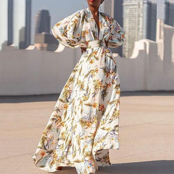 

casual dresses autumn 2021 western style dress women fashion temperament high waist printing v-neck long sleeve sexy, Black;gray