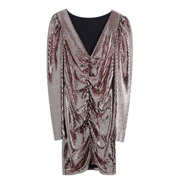 

women party sequined dresses 2021 fashion ladies v-neck slim mini dress elegant female chic puff sleeve draped vestidos casual, Black;gray