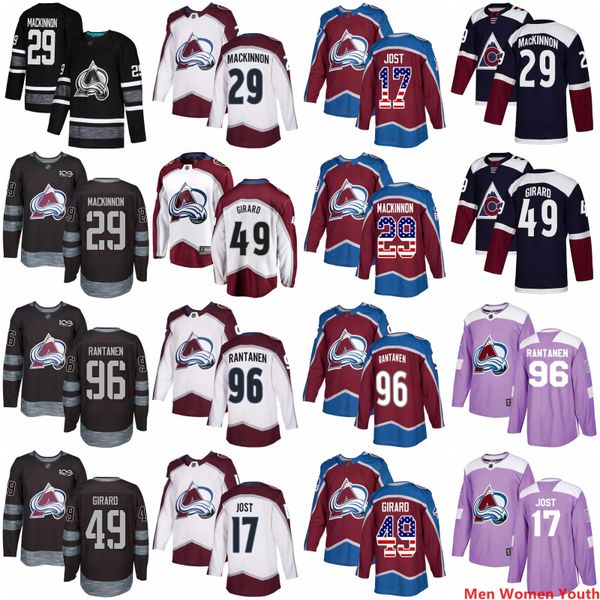 

custom men women youth colorado avalanche any name nathan mackinnon 96 mikko rantanen 49 samuel girard 17 tyson jost usa flag hockey jersey, Black;red