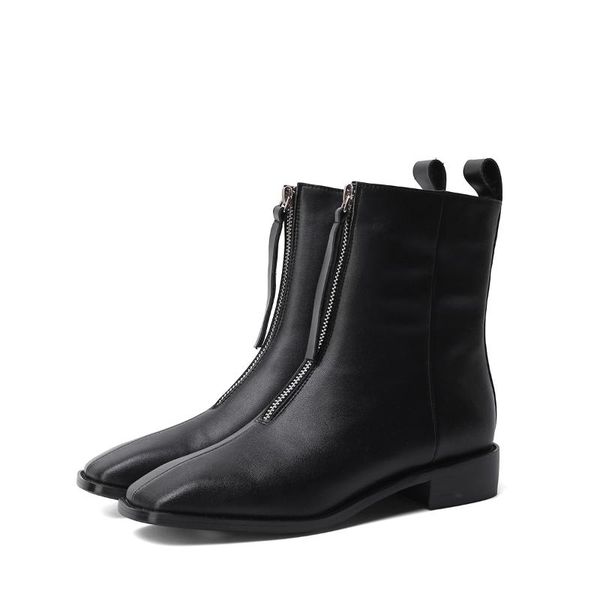 

boots osunlina ankle for woman square toe 3cm high heels front zipper footwear quality white genuine leather warm lady shoes, Black