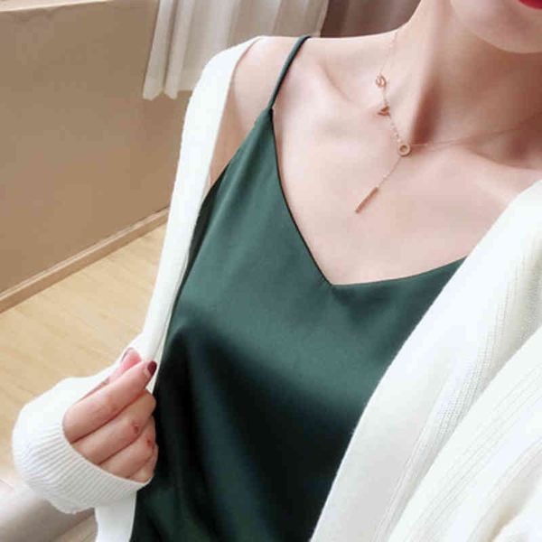 

solid sleeveless casual v-neck female vest women summer silk tank 210514, White